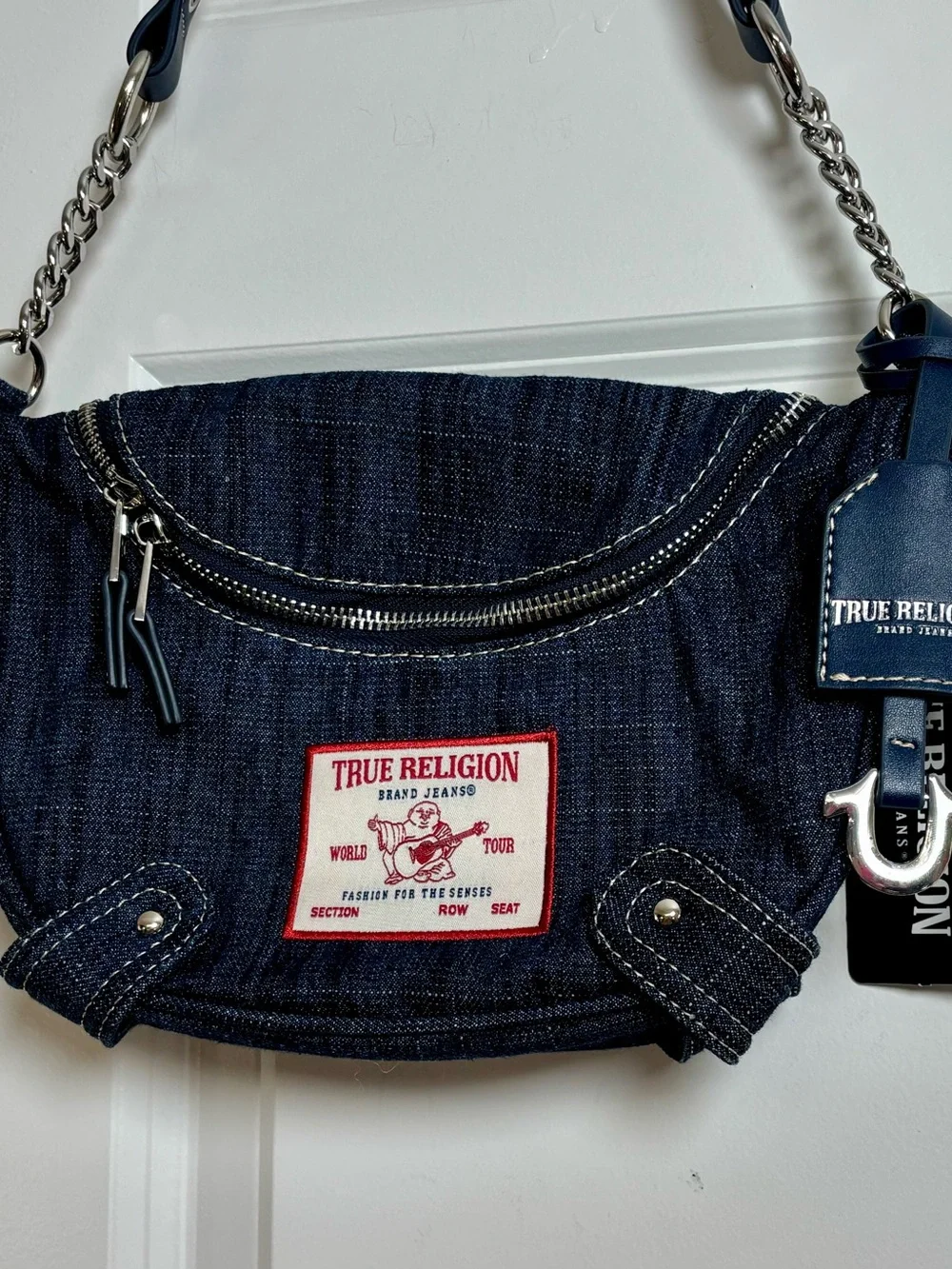 True Religion Denim Classic Logo Grommet Chain Strap Hobo Handbag